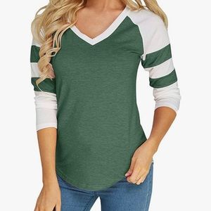 Women’s green and white long sleeve baseball tee